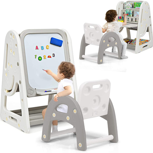 Costzon Kids Art Easel with Stool, 2 in 1 Double-Sided Magnetic Dry Erase Board and Kids Book Rack with Foldable Desktop