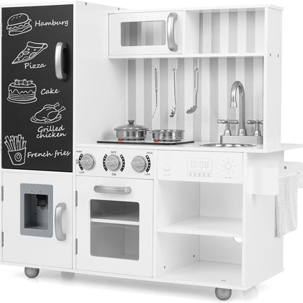 Costzon Play Kitchen for Kids, Wooden Toy Kitchen Set with Stoves, Microwave