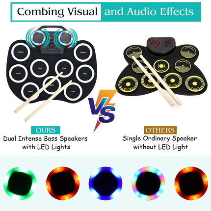Costzon 9 Pads Electronic Drum Set with LED Light, Portable Roll up MIDI Drum Practice Pad w/Bluetooth (Black) - costzon