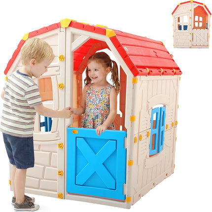 Costzon Kids Outdoor Playhouse with Openable Windows and Door
