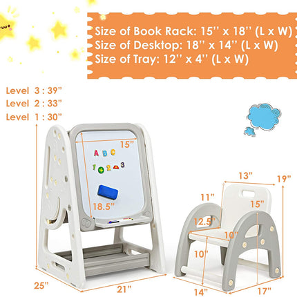 Costzon Kids Art Easel with Stool, 2 in 1 Double-Sided Magnetic Dry Erase Board and Kids Book Rack with Foldable Desktop