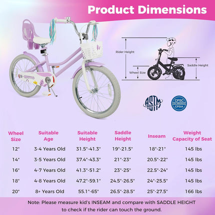BABY JOY Kids Bike, 12 14 16 18 20Inch Children Bicycle, 95% Pre-Assembled Girls Bike