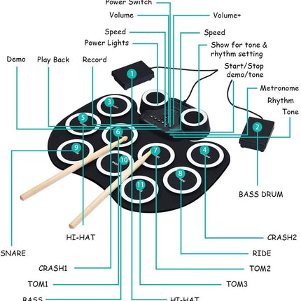 Costzon 9 Pads Electronic Drum Set with LED Light, Portable Roll up MIDI Drum Practice Pad w/Bluetooth (Black) - costzon