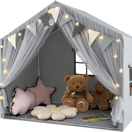 Costzon Kids Tent, Large Toddler Play Tent w/Fabric Screen Curtains, Star Lights, Plaid Pennants, 57.5" x 38" x 52.5"