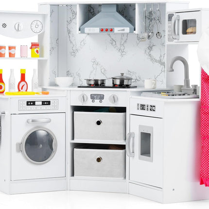 Costzon Kids Corner Kitchen Playset, Wooden Play Kitchen, Little Chef Pretend Cooking Toy for Toddlers 3+
