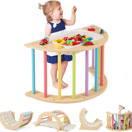 Costzon Kids Wooden Arch Rocker with Cushion, 6-in-1 Montessori Climbing Toys for Toddlers, Indoor Sensory Table