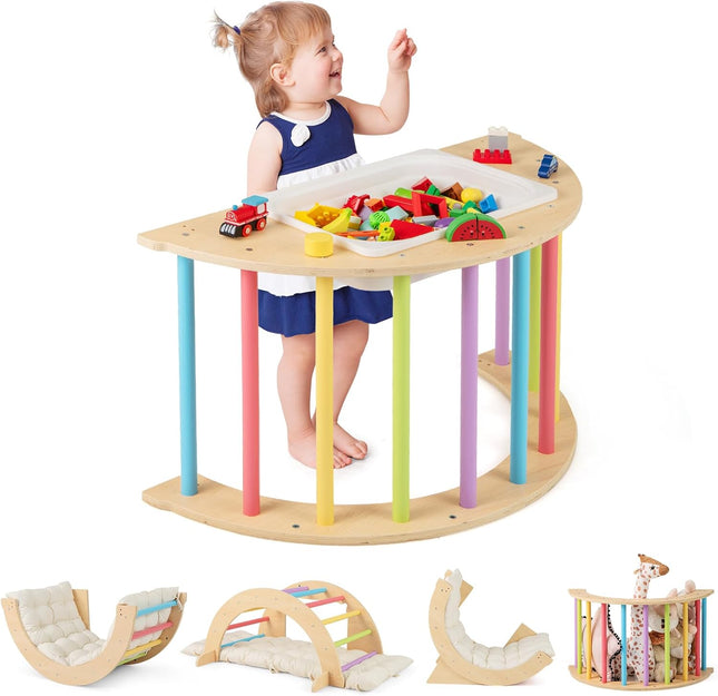 Costzon Kids Wooden Arch Rocker with Cushion, 6-in-1 Montessori Climbing Toys for Toddlers, Indoor Sensory Table