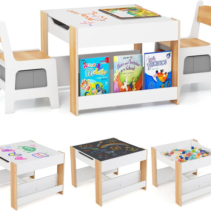 Costzon Kids Table and Chairs, 4 in 1 Wooden Activity Desk Set, Toddler Table and Chair Set