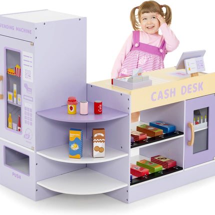 Costzon Pretend Grocery Store Playset, Wooden Supermarket Toy Set for Kids with Chalkboard