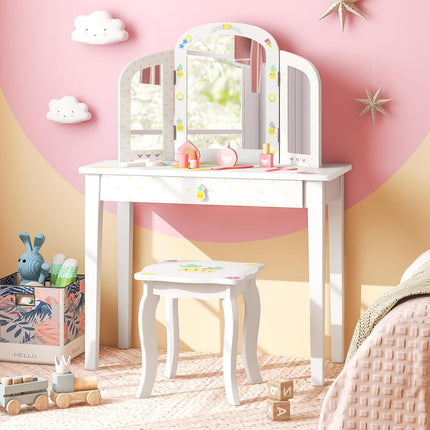 Costzon Kids Vanity Table, 2-in-1 Vanity Set with Detachable Top, Pretend Beauty Play Vanity Set for Girls