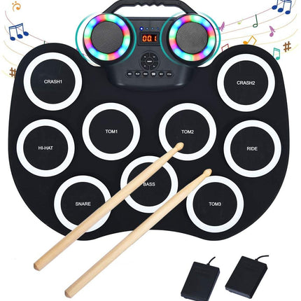 Costzon 9 Pads Electronic Drum Set with LED Light, Portable Roll up MIDI Drum Practice Pad w/Bluetooth (Black) - costzon