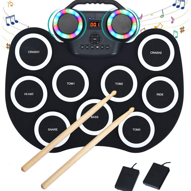 Costzon 9 Pads Electronic Drum Set with LED Light, Portable Roll up MIDI Drum Practice Pad w/Bluetooth (Black) - costzon