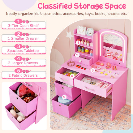 Costzon Kids Vanity Set with Lights, Princess Vanity Desk Set with 2-Color LED Lighted Acrylic Mirror