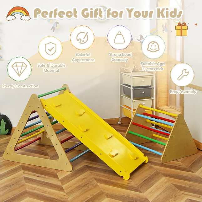 Costzon Climbing Toys for Toddlers, 3 in 1 WoodenTriangle Climber with Ramp, Multi-Combination Play Methods