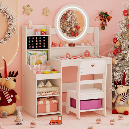 Costzon Girls Vanity Set with Mirror and Lights Jewelry Storage Shelves