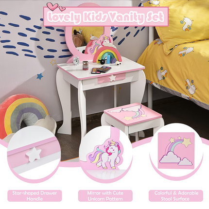 Costzon Kids Vanity Set with Mirror, 2 in 1 Wooden Princess Makeup Dressing Table with Detachable Top
