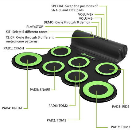 Costzon 7 Pads Electronic Drum Set, Portable Roll up MIDI Drum Practice Pad w/ Headphone (Green + Black) - costzon