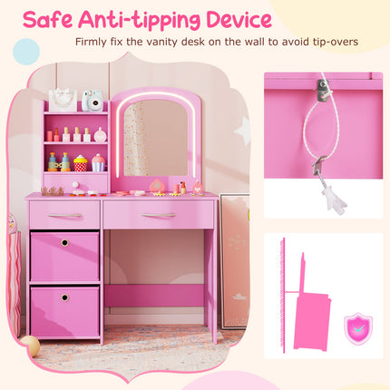 Costzon Kids Vanity Set with Lights, Princess Vanity Desk Set with 2-Color LED Lighted Acrylic Mirror