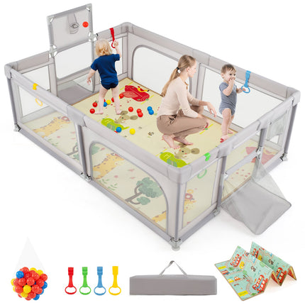 Costzon Large Baby Playpen with Mat, Playpen for Babies and Toddlers w/Basketball Hoop & Soccer Nets