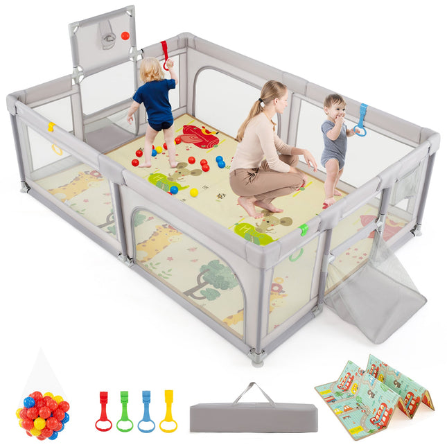 Costzon Large Baby Playpen with Mat, Playpen for Babies and Toddlers w/Basketball Hoop & Soccer Nets