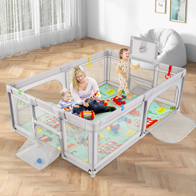 Costzon Large Baby Playpen with Mat, Playpen for Babies and Toddlers w/Basketball Hoop & Soccer Nets