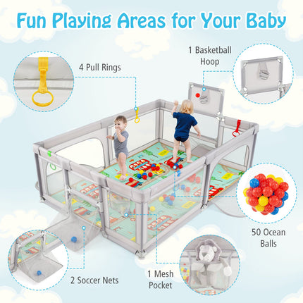 Costzon Large Baby Playpen with Mat, Playpen for Babies and Toddlers w/Basketball Hoop & Soccer Nets