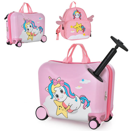 Costzon 2PC Kids Luggage Set, 3 in 1 Toddler 18" Ride-on & Carry-on Hardshell Suitcase with Wheels