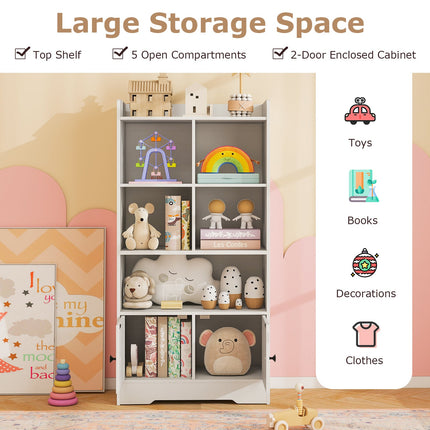 Costzon Kids Toy Storage Cabinet, 43.5" Tall Bookcase w/ 5 Open Compartments & 2 Doors