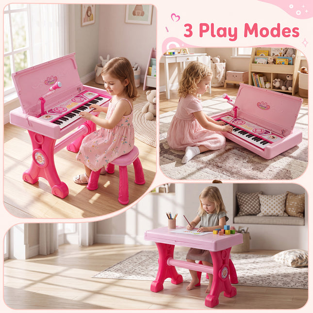 49 Keys Kids Electric Piano Keyboard Toy w/ Stool & Microphone Lights & Multiple Sounds-Pink