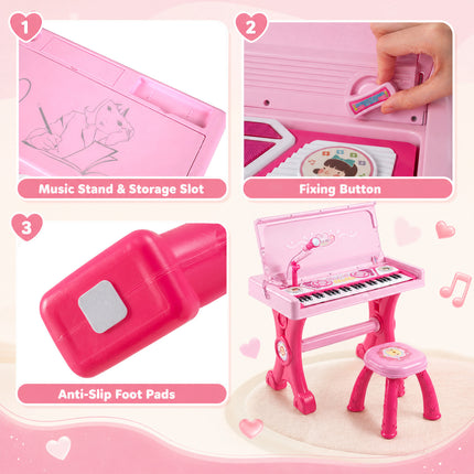 49 Keys Kids Electric Piano Keyboard Toy w/ Stool & Microphone Lights & Multiple Sounds-Pink