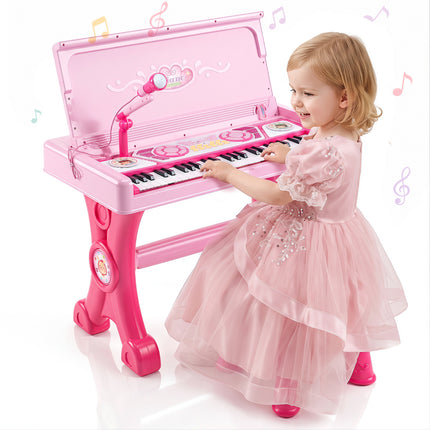 49 Keys Kids Electric Piano Keyboard Toy w/ Stool & Microphone Lights & Multiple Sounds-Pink