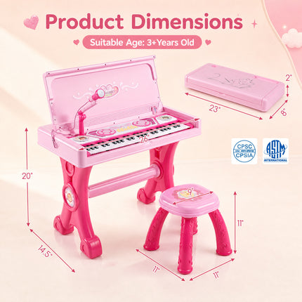 49 Keys Kids Electric Piano Keyboard Toy w/ Stool & Microphone Lights & Multiple Sounds-Pink