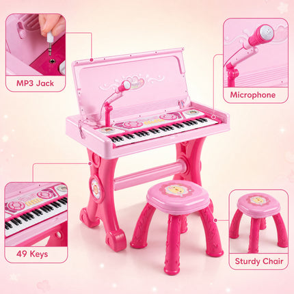 49 Keys Kids Electric Piano Keyboard Toy w/ Stool & Microphone Lights & Multiple Sounds-Pink