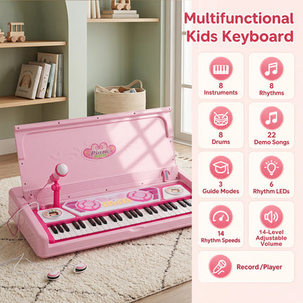 49 Keys Kids Electric Piano Keyboard Toy w/ Stool & Microphone Lights & Multiple Sounds-Pink