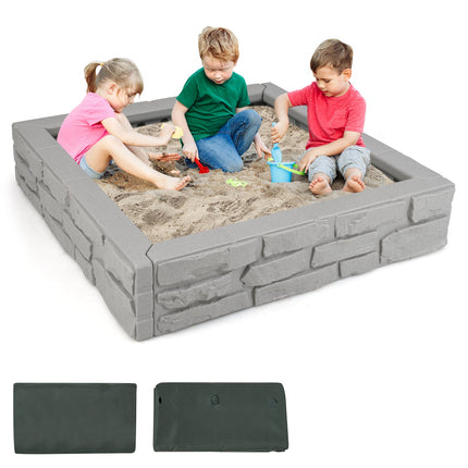 Costzon Kids Sandbox with Cover, 47"x 47" HDPE Sandpit with Oxford Cover, Bottom Liner