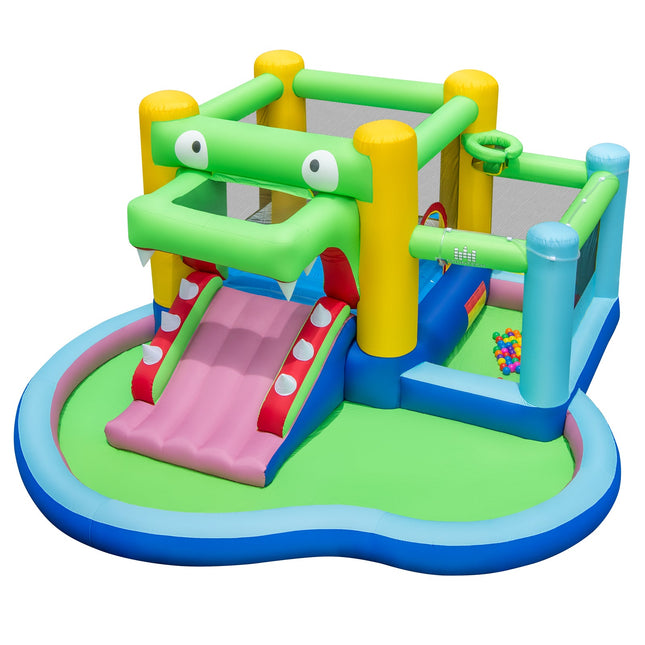 Costzon Inflatable Bounce House, 5-in-1 Crocodile Water Park with Slide, Splash Pool
