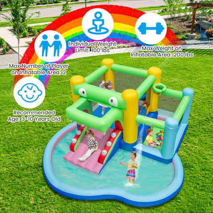 Costzon Inflatable Bounce House, 5-in-1 Crocodile Water Park with Slide, Splash Pool