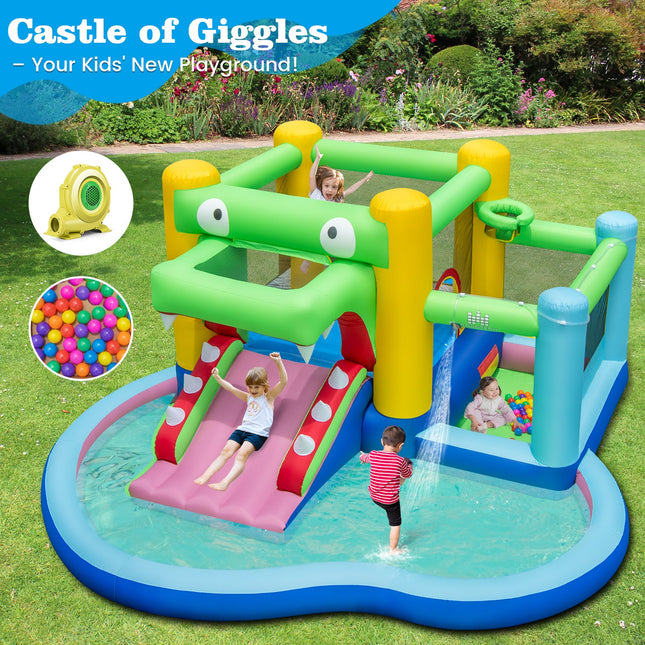 Costzon Inflatable Bounce House, 5-in-1 Crocodile Water Park with Slide, Splash Pool