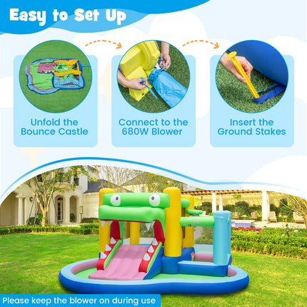 Costzon Inflatable Bounce House, 5-in-1 Crocodile Water Park with Slide, Splash Pool