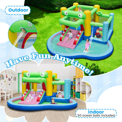 Costzon Inflatable Bounce House, 5-in-1 Crocodile Water Park with Slide, Splash Pool
