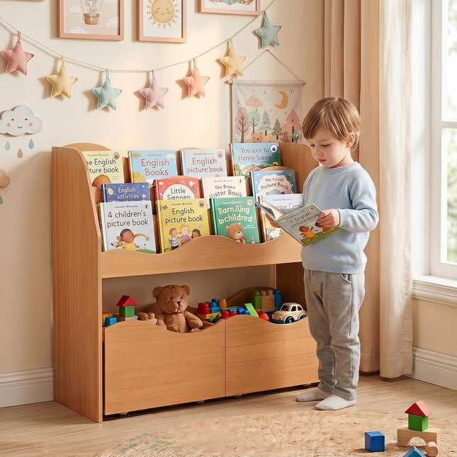 Costzon Wooden Kids Bookshelf with 2 Rolling Drawers | Montessori Toy Shelf