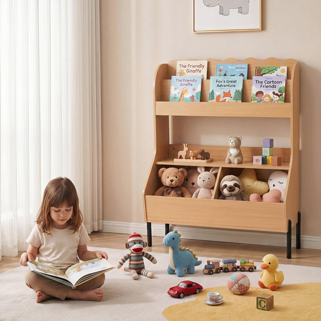 Costzon Montessori Kids Bookshelf | Toy Shelf w/ 2 Storage Bins & Open Shelf