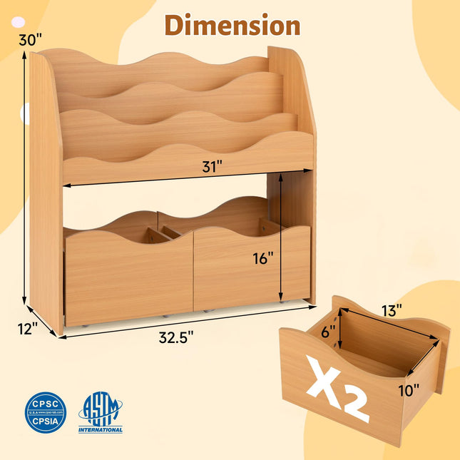 Costzon Wooden Kids Bookshelf with 2 Rolling Drawers | Montessori Toy Shelf