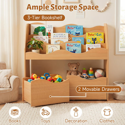 Costzon Wooden Kids Bookshelf with 2 Rolling Drawers | Montessori Toy Shelf