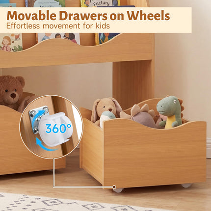 Costzon Wooden Kids Bookshelf with 2 Rolling Drawers | Montessori Toy Shelf