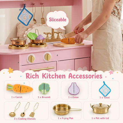 Wooden Play Kitchen with Lights & Sounds and Stove Oven for Toddlers Ages 3+