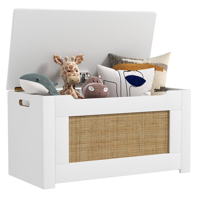 Costzon 31.5” Toy Chest for Kids, Rattan Toy Storage Box with Flip Top Lid & Safety Hinge
