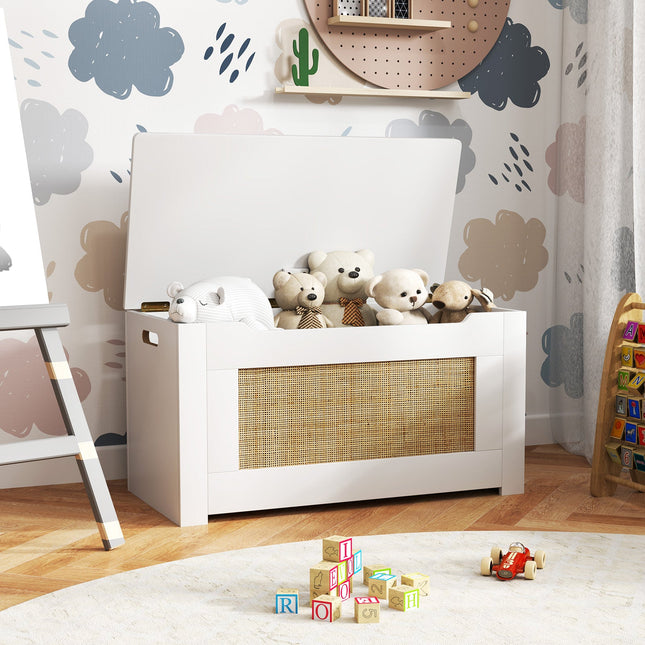 Costzon 31.5” Toy Chest for Kids, Rattan Toy Storage Box with Flip Top Lid & Safety Hinge