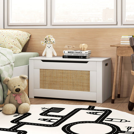 Costzon 31.5” Toy Chest for Kids, Rattan Toy Storage Box with Flip Top Lid & Safety Hinge