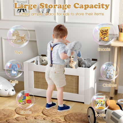 Costzon 31.5” Toy Chest for Kids, Rattan Toy Storage Box with Flip Top Lid & Safety Hinge